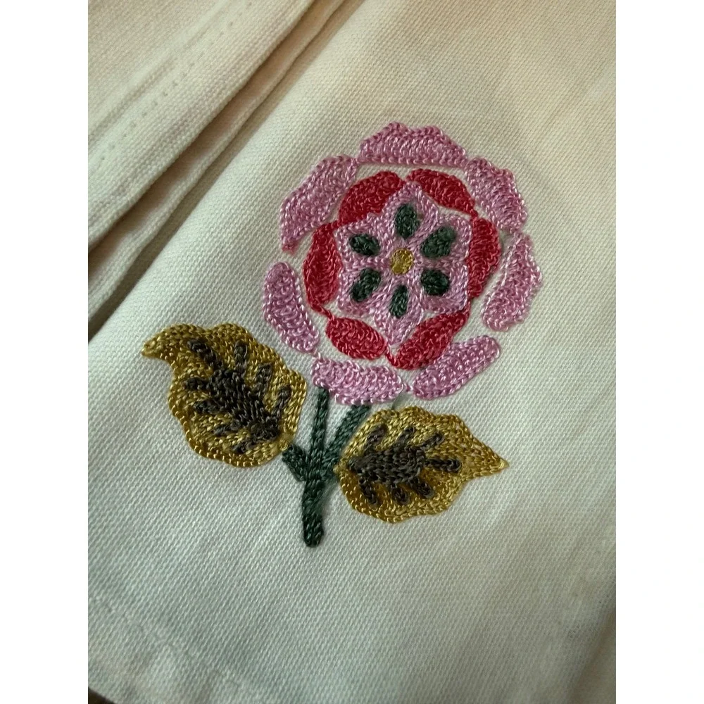 Set of 3 Floral Embroidered Cotton Napkins Cream Pink Gold 17x19 Made in India